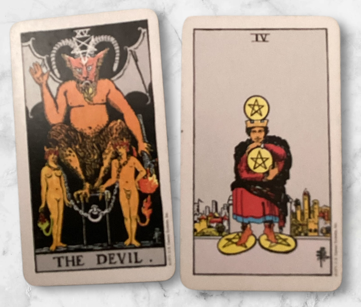 tarot cards, tarot vineyard, career and money spreads, the devil and 4 of pentacles