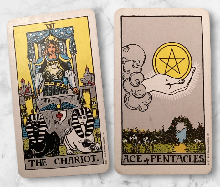 tarot cards, tarot vineyard, career and money spreads, the chariot and ace of pentacles