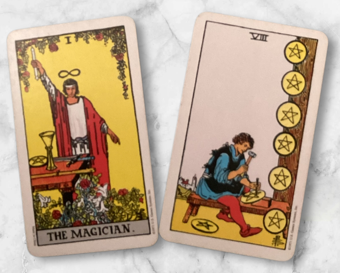 tarot cards, tarot vineyard, career and money spreads, the magician and 8 of pentacles